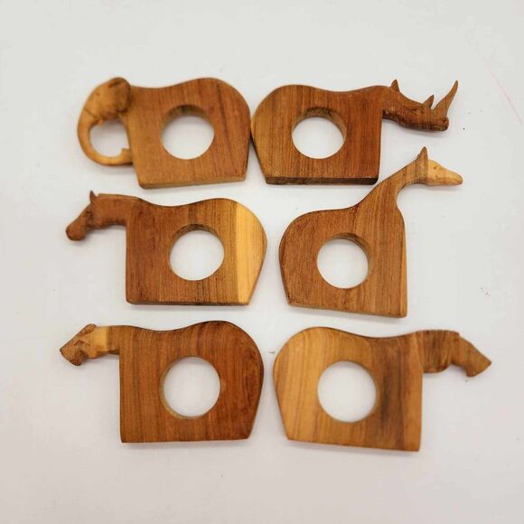 Hand Carved Wooden Safari African Wild Animal Napkin Rings Set of 6 Vintage - Picture 2 of 6